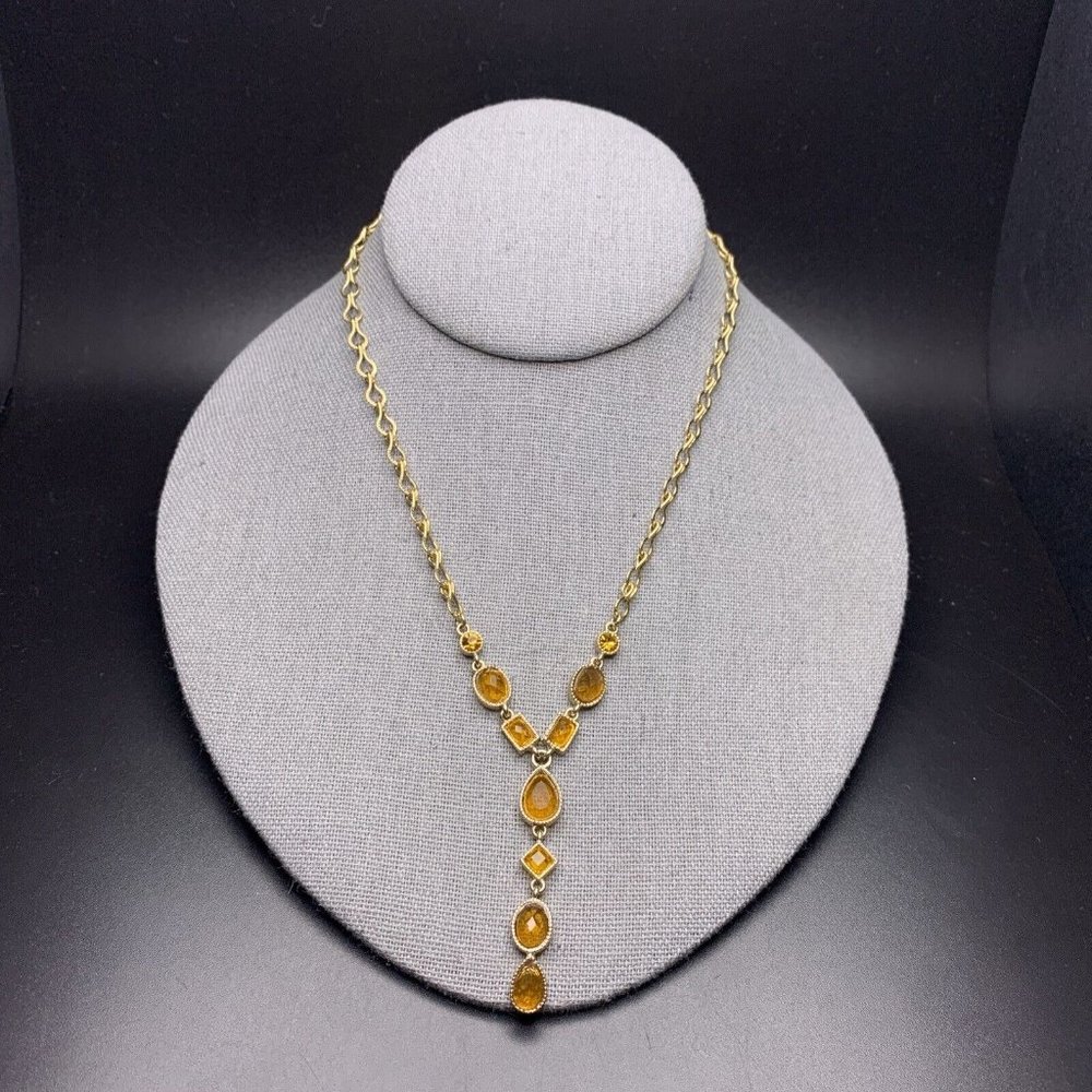 Liz Claiborne Y Drop Necklace Gold Tone Amber Topaz Color Rhinestone Elegant